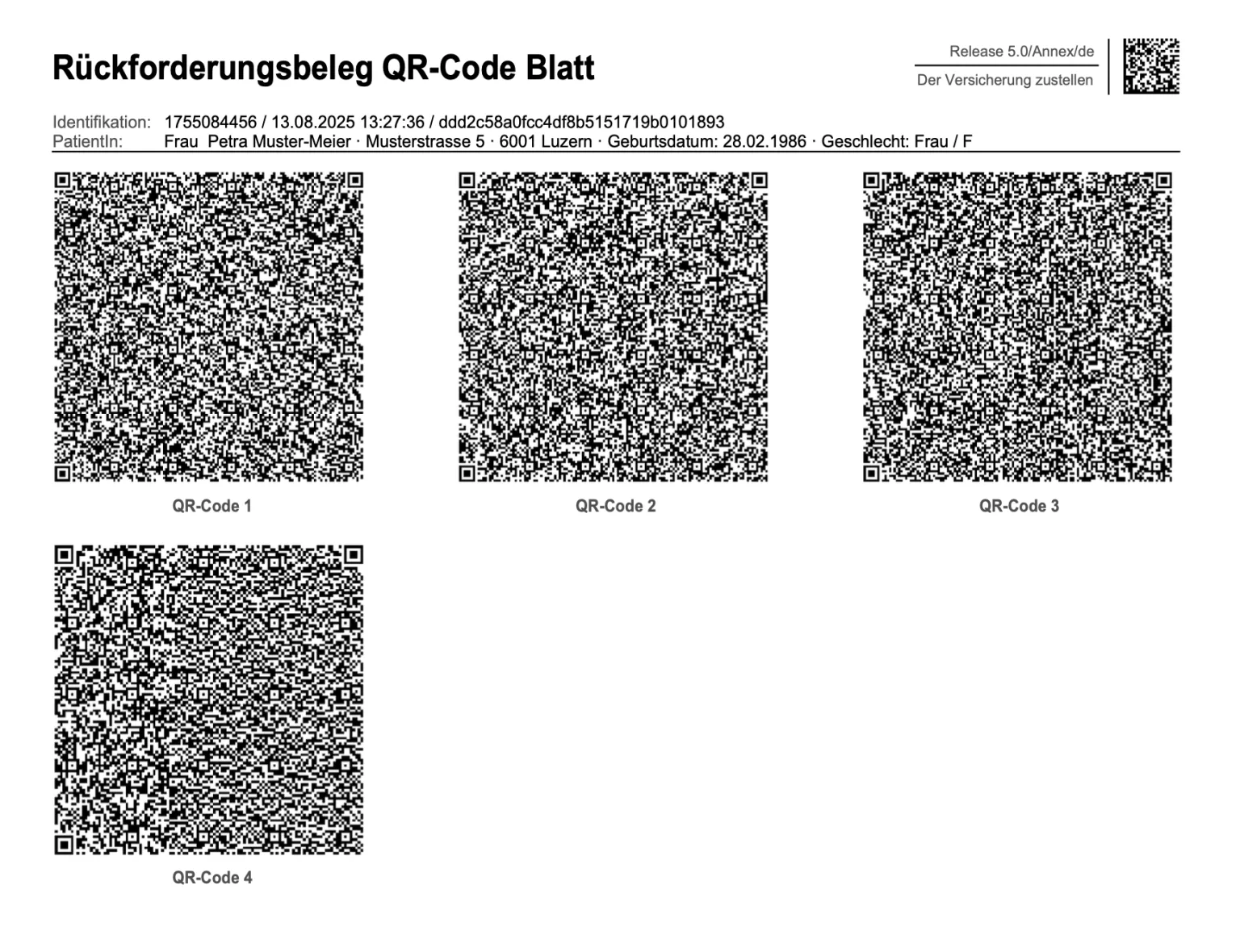 Beispiel eines QR-Code-Blatts (Rückforderungsbeleg) mit Kopfdaten und vier QR-Codes